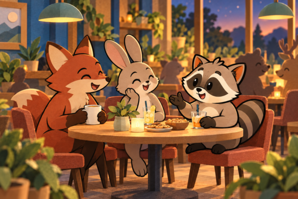 Pache talks with a fox and rabbit at a restaurant table with drinks and snacks.