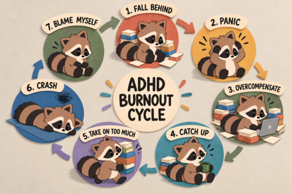 ADHD burnout cycle showing falling behind, panic, overcompensating, catching up, taking on too much, crashing, and self-blame.
