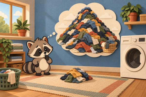 Pache stands in front of a small pile of laundry while imagining it as a mountain beside the washing machine.
