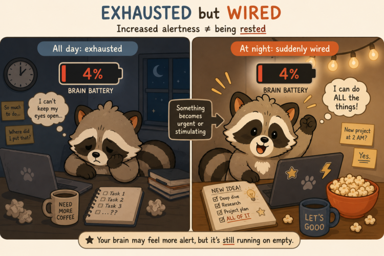 Pache feeling exhausted during the day but suddenly wired at night despite a 4% brain battery, illustrating ADHD and sleep deprivation.