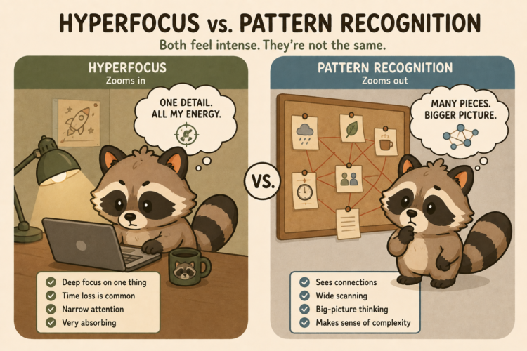 Pache comparing ADHD hyperfocus and pattern recognition, showing deep focus on one task versus connecting multiple pieces of information