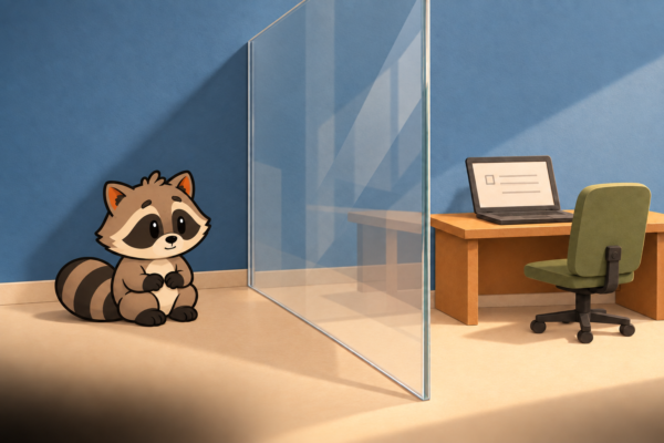 Pache sits behind a glass wall, looking at a laptop he wants to use but feels unable to reach.
