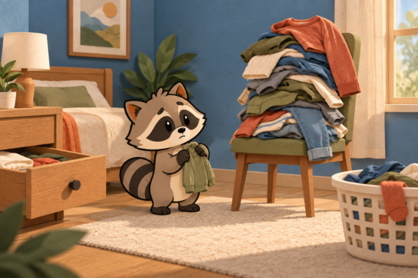 Pache holds a shirt beside a chair piled with clothes, with an open drawer and laundry basket nearby.
