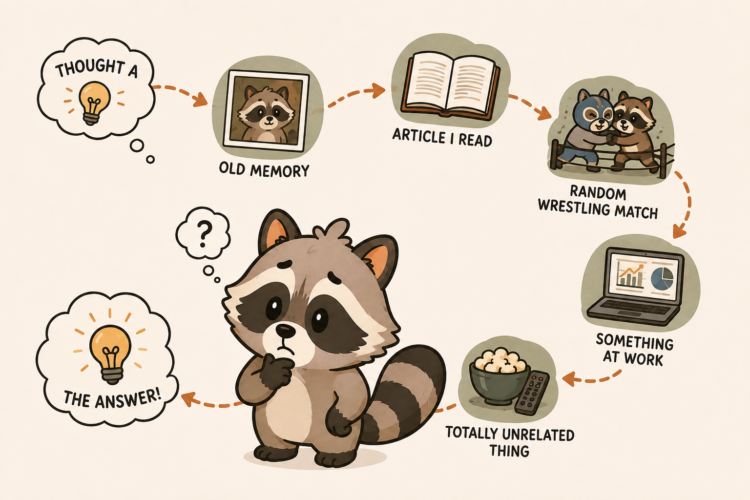 Pache illustrating ADHD pattern recognition as thoughts connect through memories, articles, wrestling, work, and unrelated ideas before reaching an answer