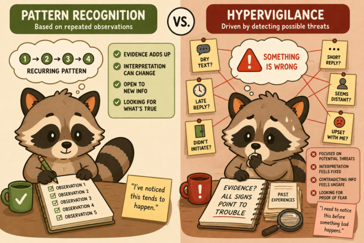Pache comparing pattern recognition and hypervigilance, showing repeated evidence on one side and threat-focused interpretations on the other