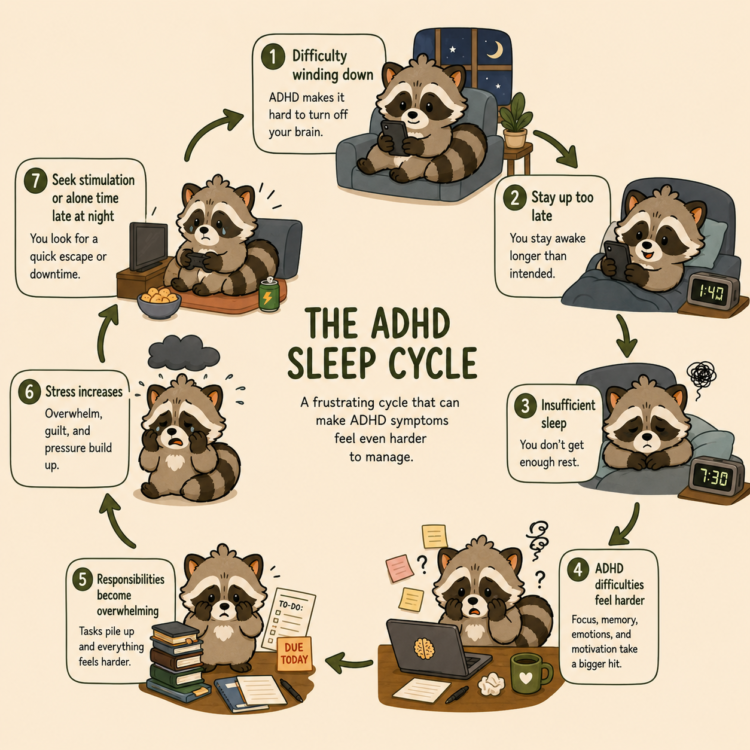 The ADHD sleep cycle showing how difficulty winding down can lead to staying up late, insufficient sleep, harder ADHD symptoms, overwhelm, stress, and seeking stimulation late at night.