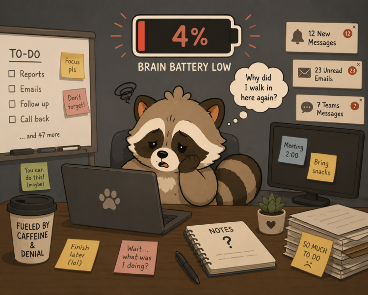 Exhausted Pache at work with a 4% brain battery, illustrating how sleep deprivation can make ADHD-related focus, memory, and executive functioning more difficult.