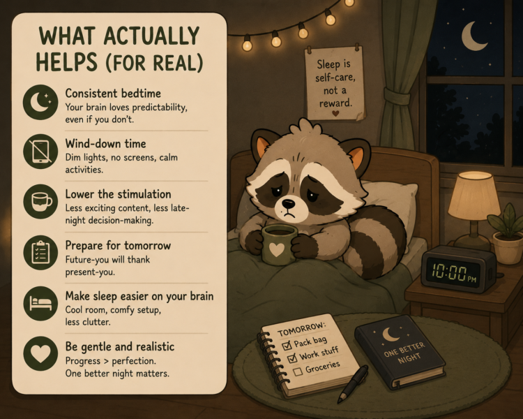 Pache in a nighttime bedroom with practical ADHD sleep tips for winding down, reducing stimulation, preparing for tomorrow, and making sleep easier.