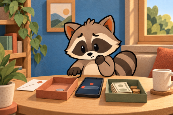Pache hesitates over a phone showing a low balance while money sits in a separate tray beside him.