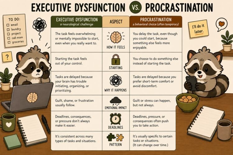 Executive dysfunction vs procrastination comparison showing differences in starting tasks, causes, emotional impact, deadlines, and patterns.
