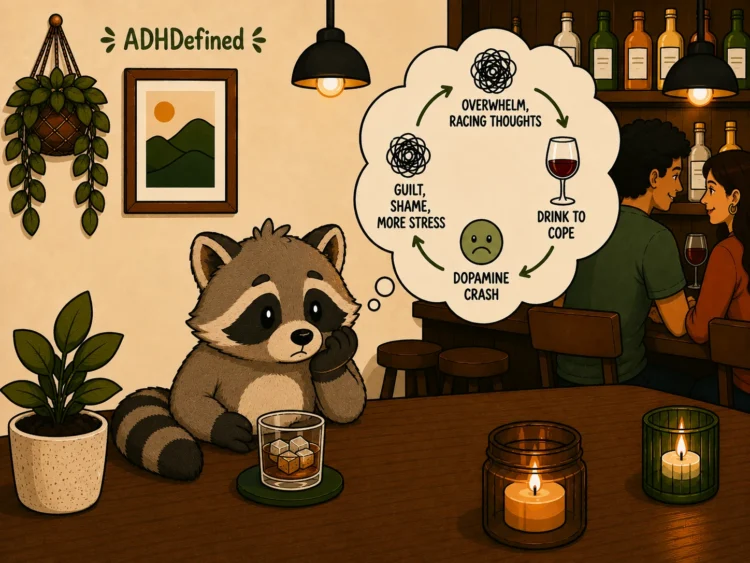 Pache illustrating a cycle of ADHD overwhelm, drinking to cope, a dopamine crash, and increased guilt and stress