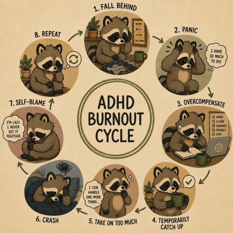 Pache illustrating the eight stages of the ADHD burnout cycle from falling behind through self-blame and repeating the cycle