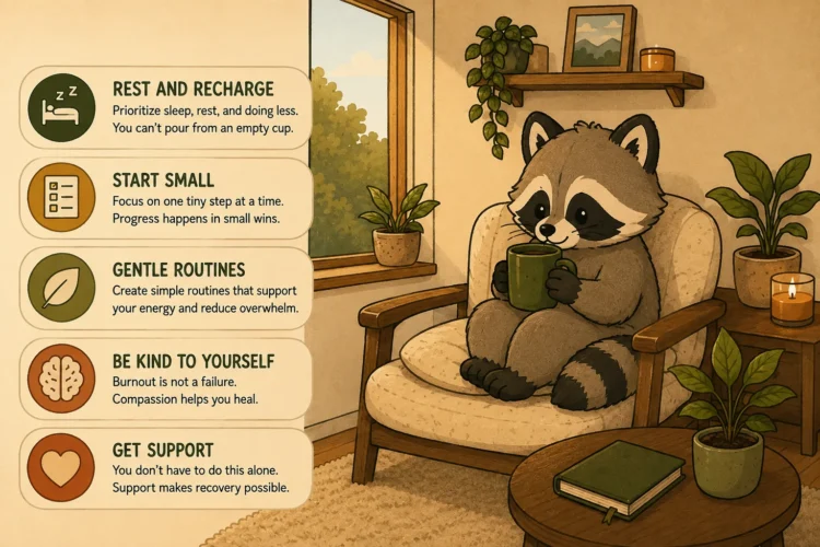 Pache resting with a warm drink beside five strategies for recovering from ADHD burnout