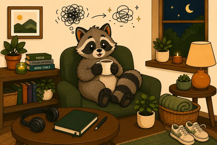 Pache relaxing at night as tangled ADHD thoughts begin to quiet and become more manageabl