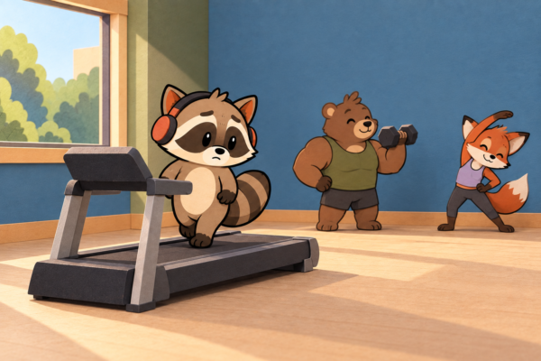 Pache walks on a treadmill while a bear lifts a dumbbell and a fox stretches nearby.