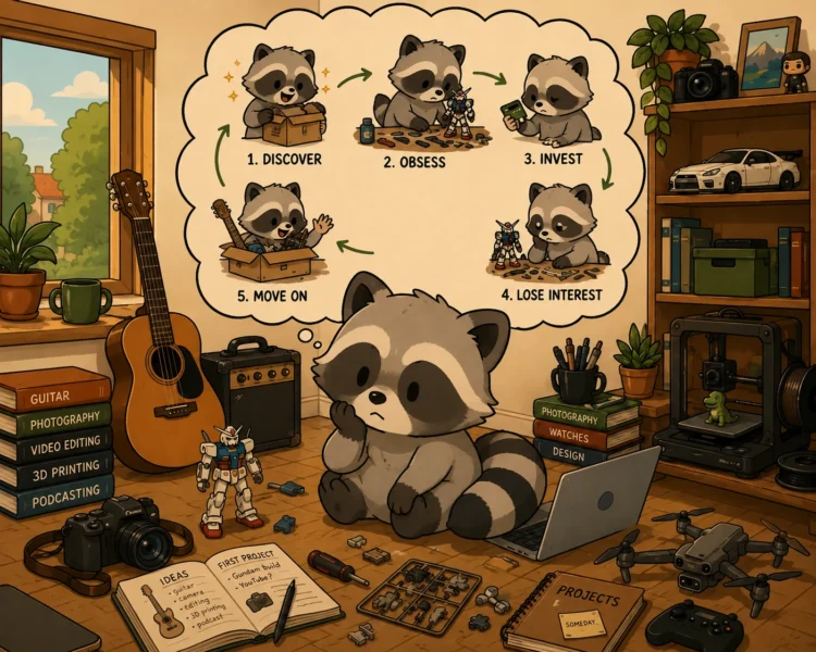 Pache surrounded by abandoned hobbies while imagining the ADHD hobby cycle of discovering, obsessing, investing, losing interest, and moving on