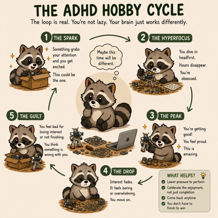 Pache illustrating the ADHD hobby cycle from initial excitement and hyperfocus through losing interest and feeling guilty