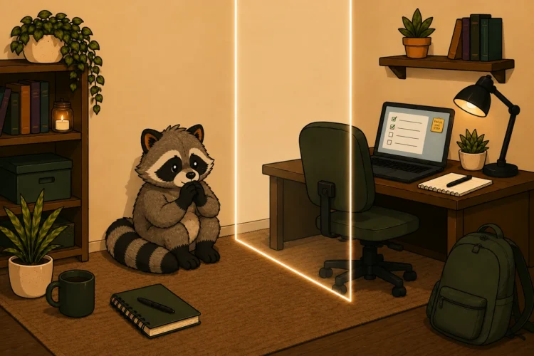 Pache sitting beside a workspace, illustrating the difficulty of starting a task with ADHD