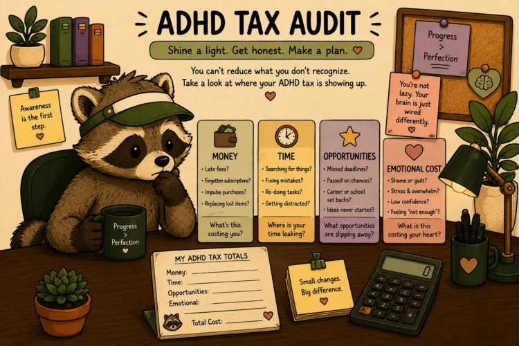 Pache reviewing an ADHD tax audit covering money, time, missed opportunities, and emotional costs
