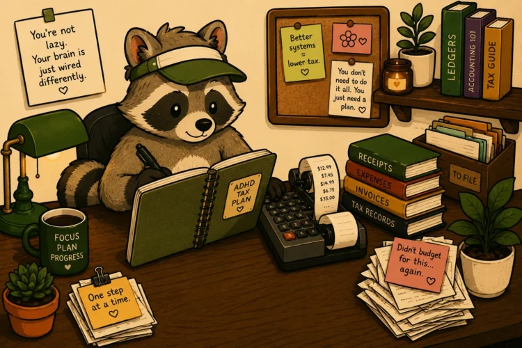 Pache calculating expenses at a desk surrounded by receipts, bills, and financial paperwork