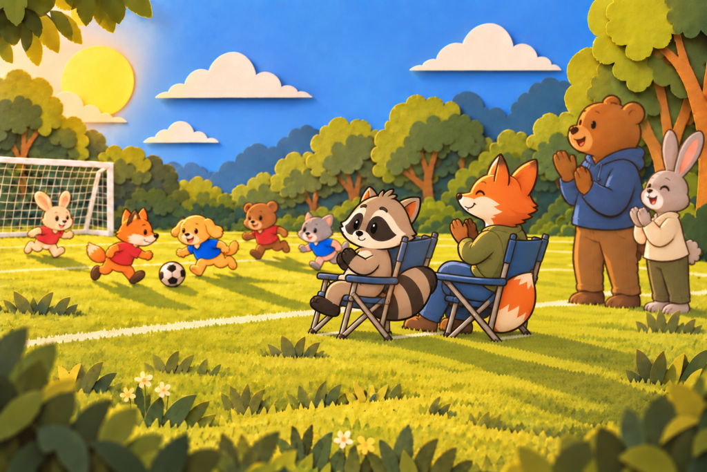 Pache sits with other adults on the sidelines of a children's soccer game.