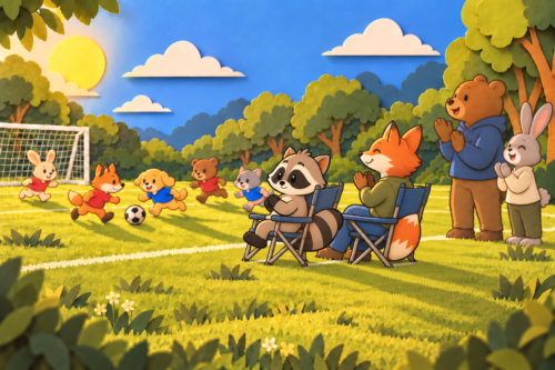 Pache sits with other adults on the sidelines of a children's soccer game.