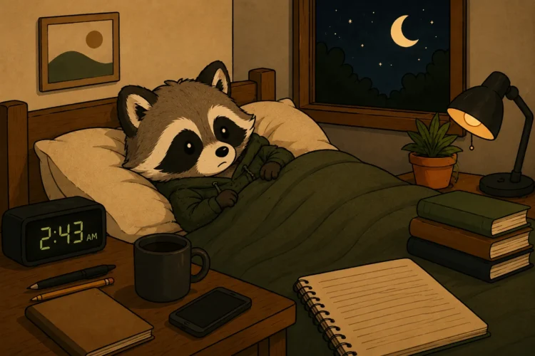 Pache lying awake in bed at 2:43 a.m. while his mind keeps him from sleeping