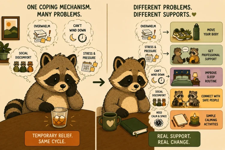 Pache comparing one temporary coping mechanism with different supports for ADHD overwhelm, stress, sleep, and social discomfort
