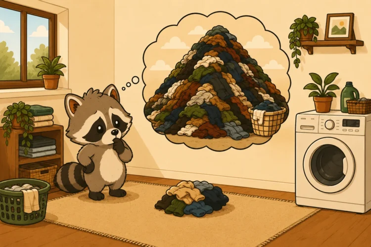 Pache feeling overwhelmed by a small pile of laundry while imagining an enormous mountain of clothes