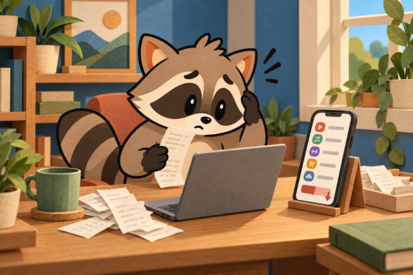 Pache holds a receipt and looks worried at a phone showing several recurring charges.