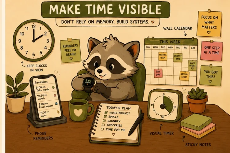 Pache using clocks, reminders, a calendar, visual timer, and daily plan to manage ADHD time blindness