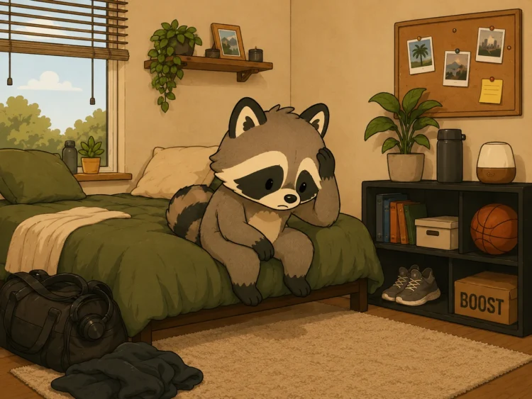 Pache sitting on the edge of his bed feeling overwhelmed and mentally exhausted