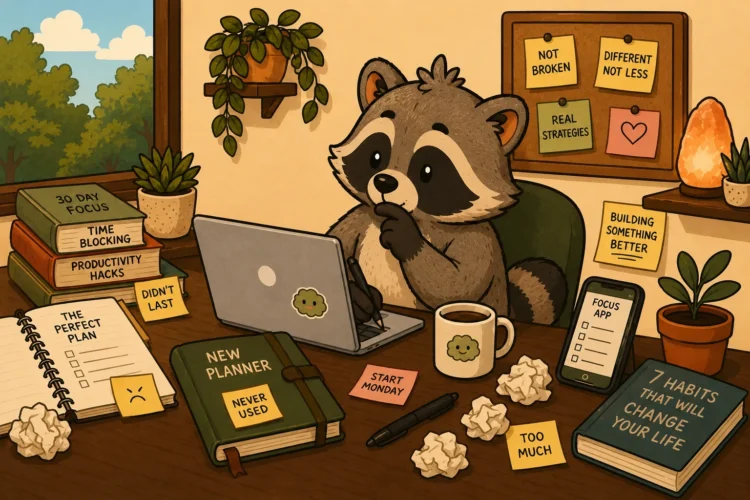 Pache surrounded by planners, productivity books, notes, and unfinished strategies at his desk