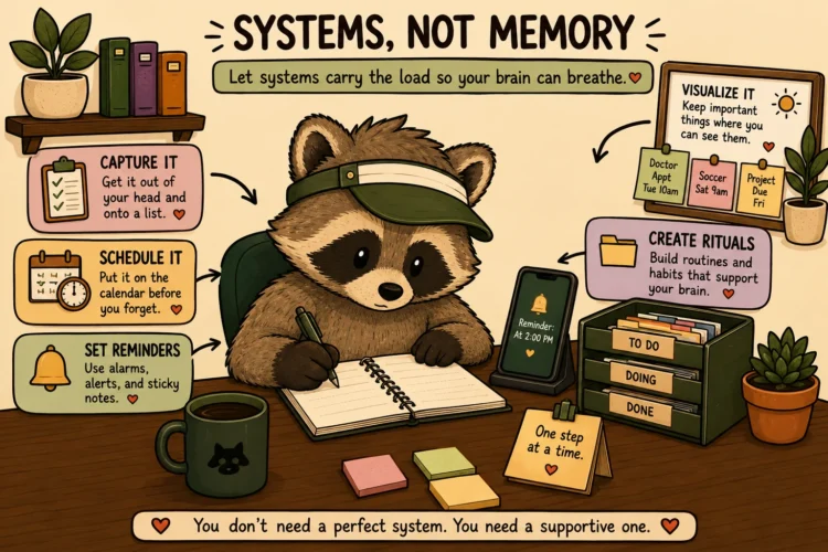 Pache using a notebook, reminders, calendar, and task organizer to create an ADHD-friendly external system