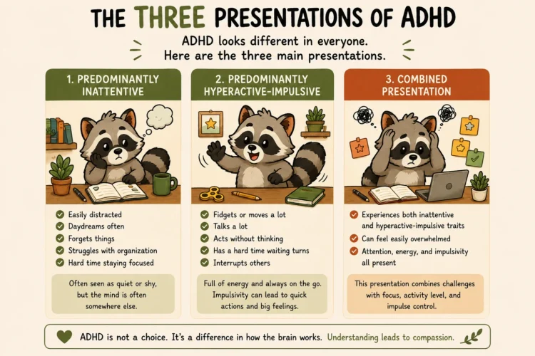 Pache demonstrating the three ADHD presentations: predominantly inattentive, hyperactive-impulsive, and combined