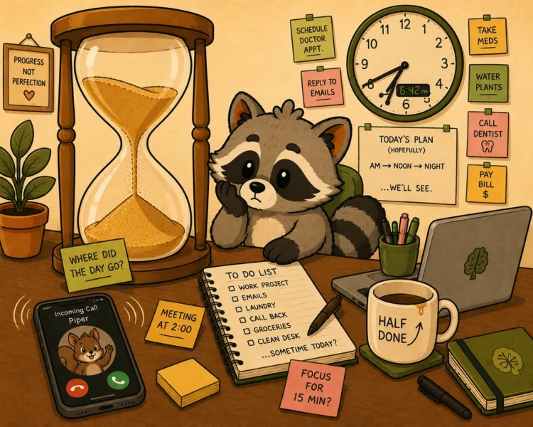 Pache overwhelmed by time, reminders, and an unfinished to-do list while receiving a phone call from Piper the squirrel