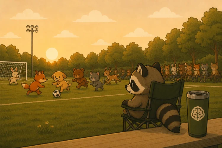 Pache sitting on the sidelines watching a group of cute animals play soccer