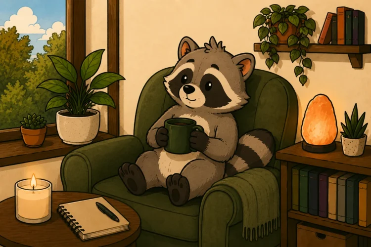 Pache the ADHDefined raccoon relaxing in a cozy chair with a warm drink