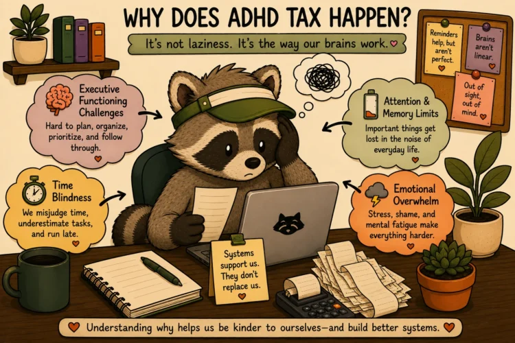 Pache surrounded by examples of executive functioning challenges, time blindness, memory limits, and emotional overwhelm that contribute to the ADHD tax