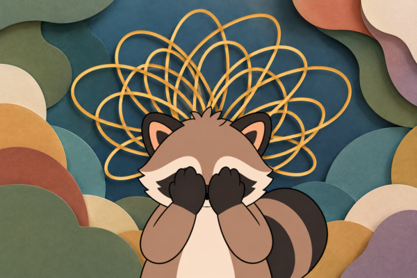 Pache covering his face as tangled thoughts swirl behind him, representing the overwhelm of ADHD