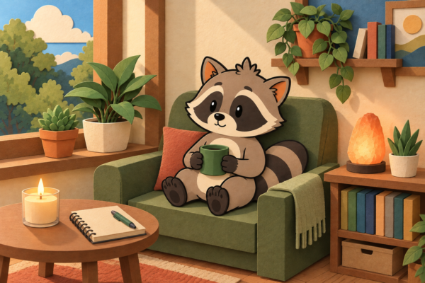 Pache the raccoon sits with a mug in an armchair in a warm layered-paper room.