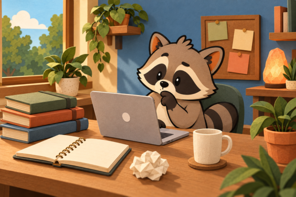 Pache sits at a laptop beside a stack of planners and an open notebook.
