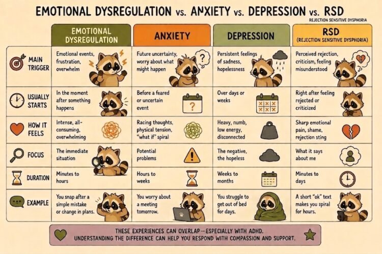 Infographic comparing emotional dysregulation, anxiety, depression, and RSD by triggers, feelings, focus, duration, and examples