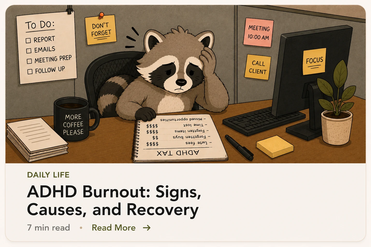     Pache the raccoon overwhelmed at a desk while looking at an ADHD tax notebook