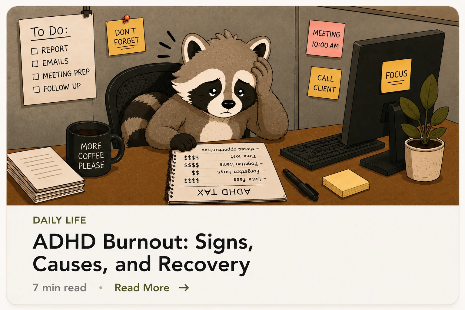     Pache the raccoon overwhelmed at a desk while looking at an ADHD tax notebook