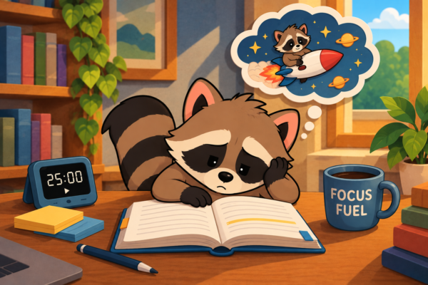 Pache struggling to focus on an open book while daydreaming about flying through space on a rocket.