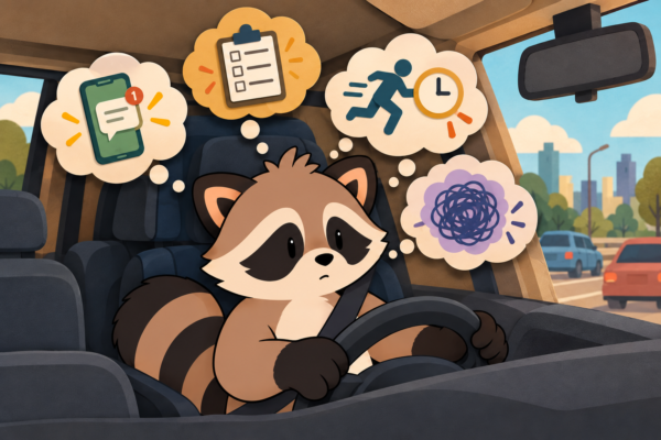 Pache driving while thoughts about unfinished tasks, messages, running late, and overwhelm compete for his attention.