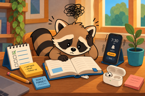Pache sitting overwhelmed at a desk with an open notebook, reminders, a phone alarm, and unfinished tasks around him.