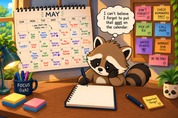 Pache looking worried at his desk after forgetting an appointment, surrounded by a busy calendar, colorful reminders, and a blank notebook.