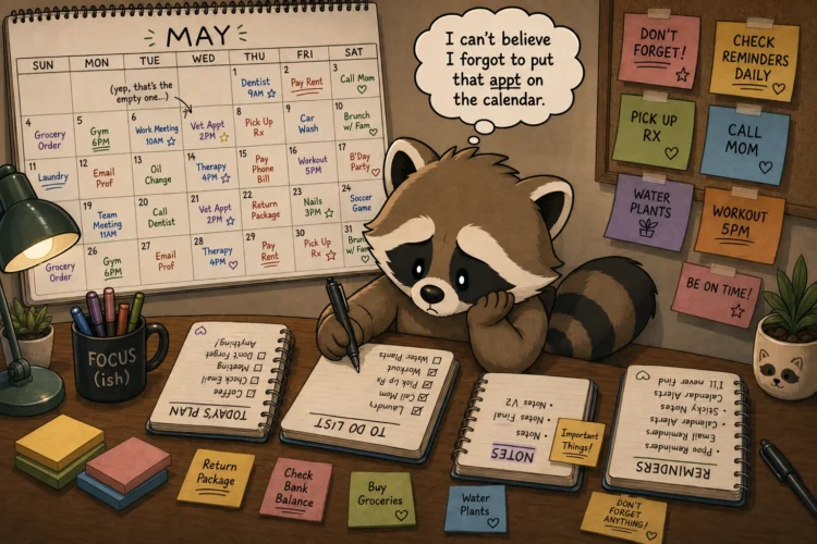 Pache surrounded by calendars, reminders, notes and to-do lists after forgetting to add an appointment to his calendar